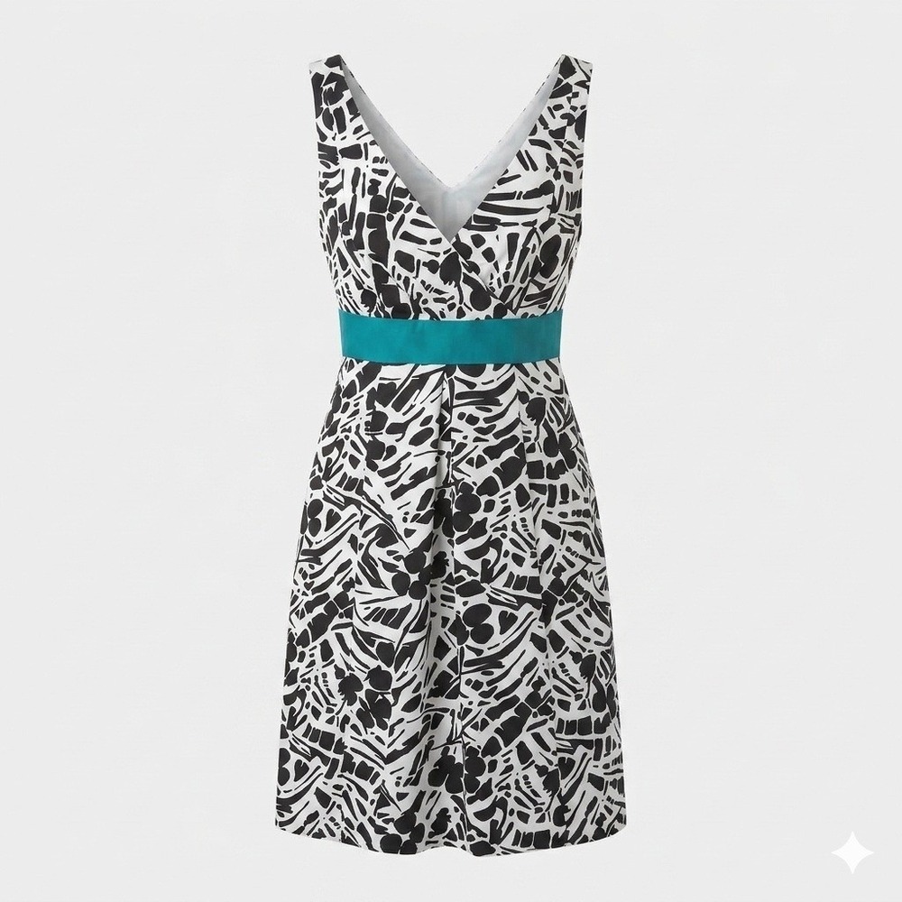 Ann Taylor Y2K Graphic Floral Dress Satin Bow 4 S Empire Black White Teal